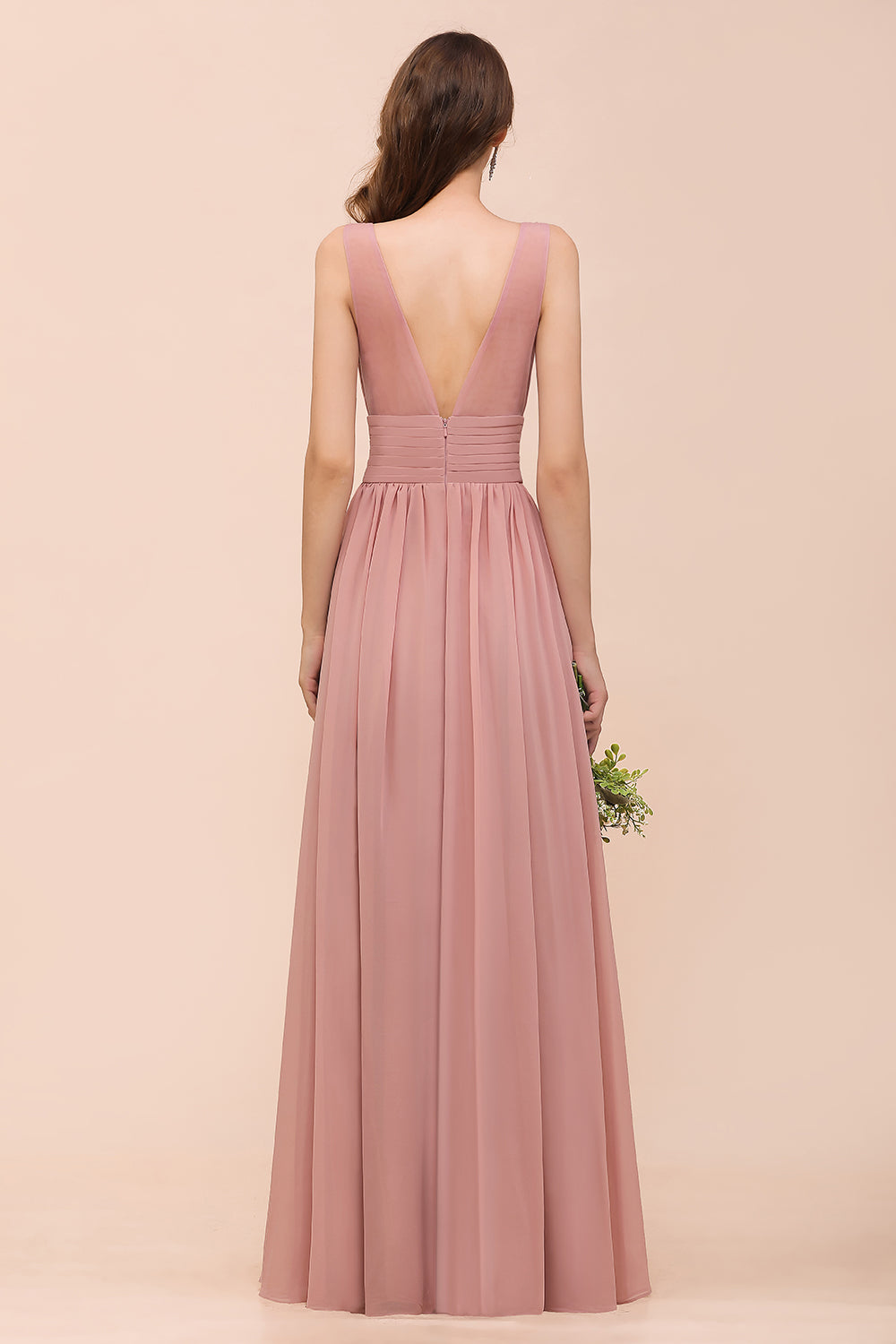 Long A-line Square Ruffle Vintage Mauve Chiffon Bridesmaid Dress