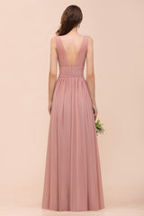 Long A-line Square Ruffle Vintage Mauve Chiffon Bridesmaid Dress