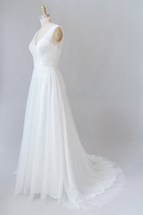 Long Ruffle V-neck Lace Tulle A-line Wedding Dress