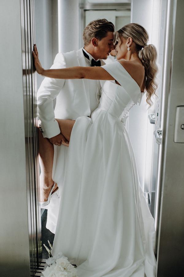 Simple Long Off The Shoulder V-Neck Satin A-Line Wedding Dress with Slit