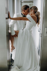 Simple Long Off The Shoulder V-Neck Satin A-Line Wedding Dress with Slit