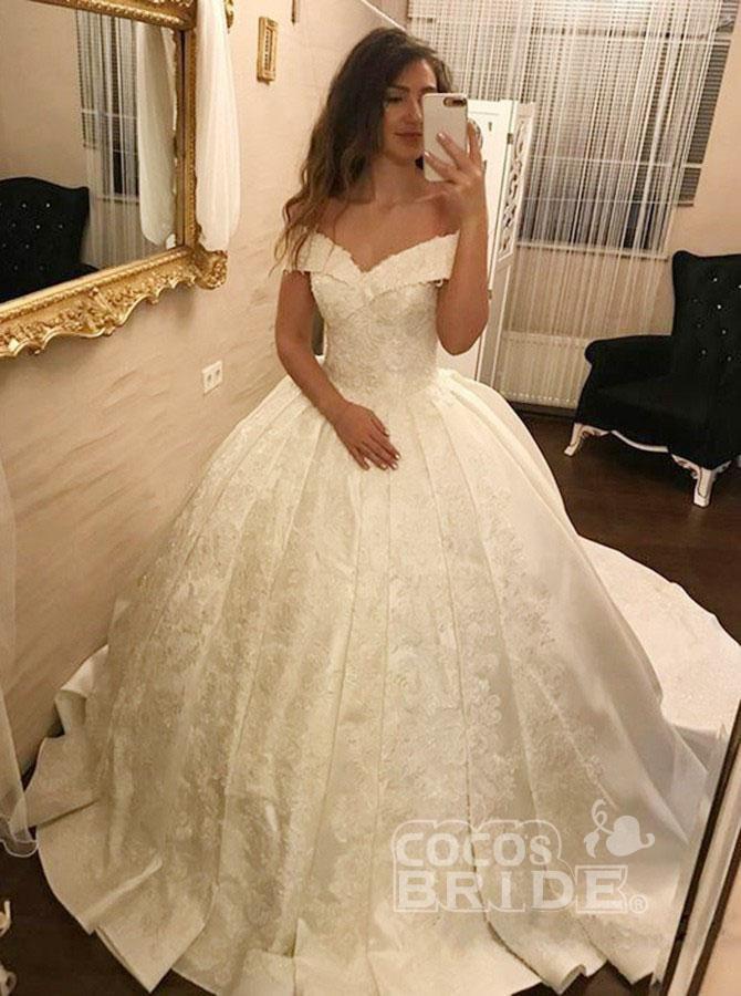 Ivory Long Ball Gown Off the Shoulder Satin Lace Appliques Wedding Dress