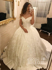 Ivory Long Ball Gown Off the Shoulder Satin Lace Appliques Wedding Dress