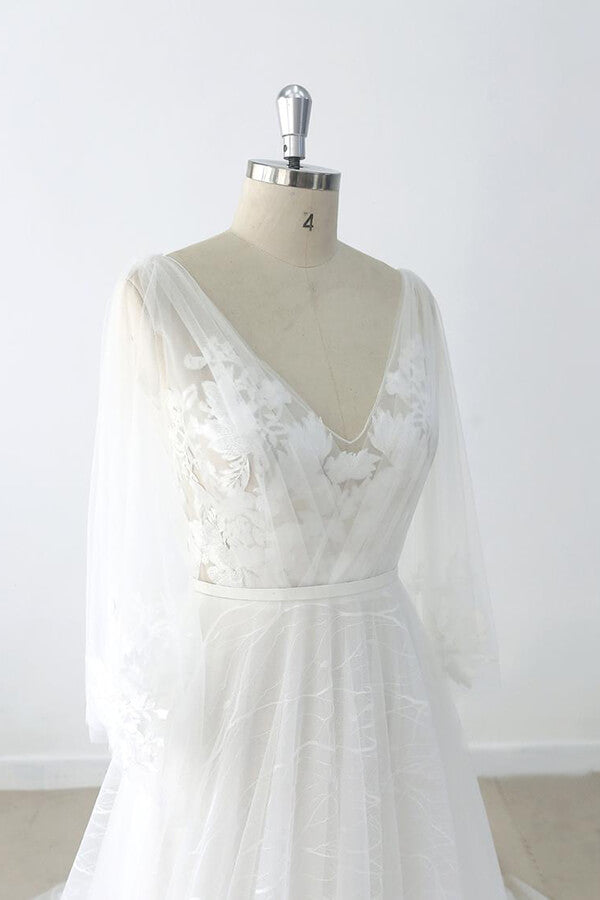 Long Sleeve A-line V-neck Appliques Tulle Wedding Dress