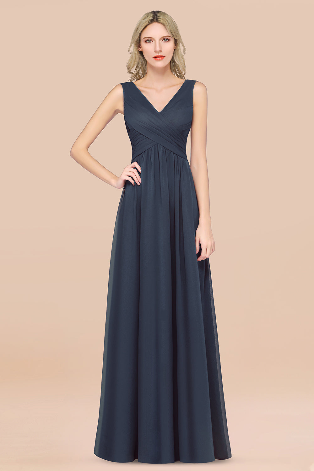 A-Line Chiffon Straps V-Neck Sleeveless Floor Length Bridesmaid Dress with Ruffles