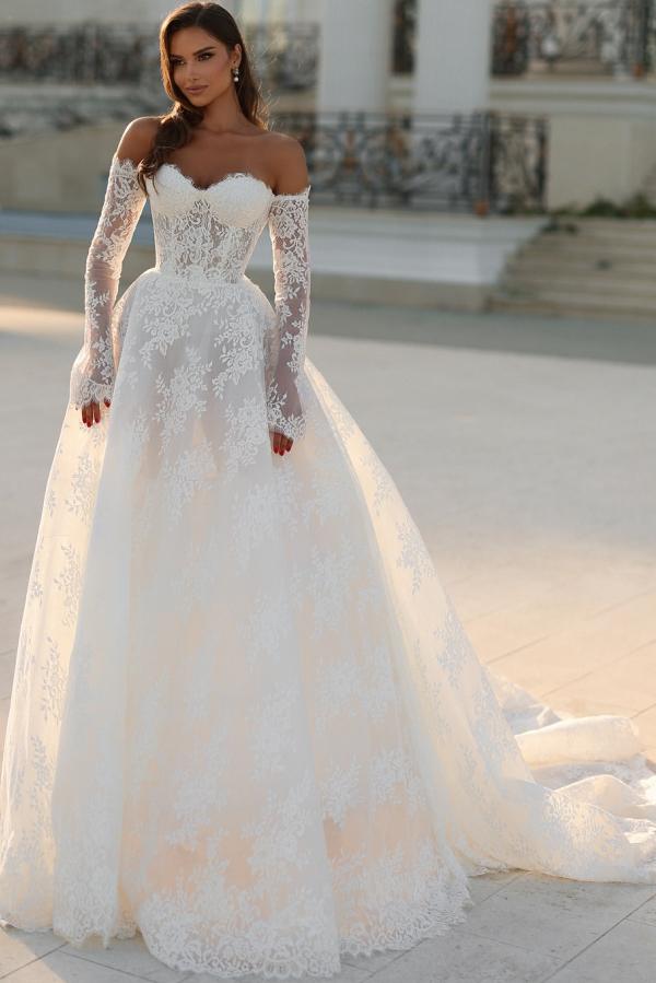 Long A-line Off the Shoulder Tulle Lace Wedding Dresses with Sleeves