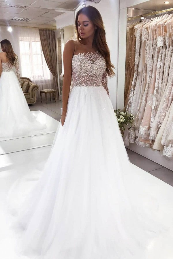 Beautiful A-Line Bateau Long Sleeve Lace Floor Length Wedding Dress