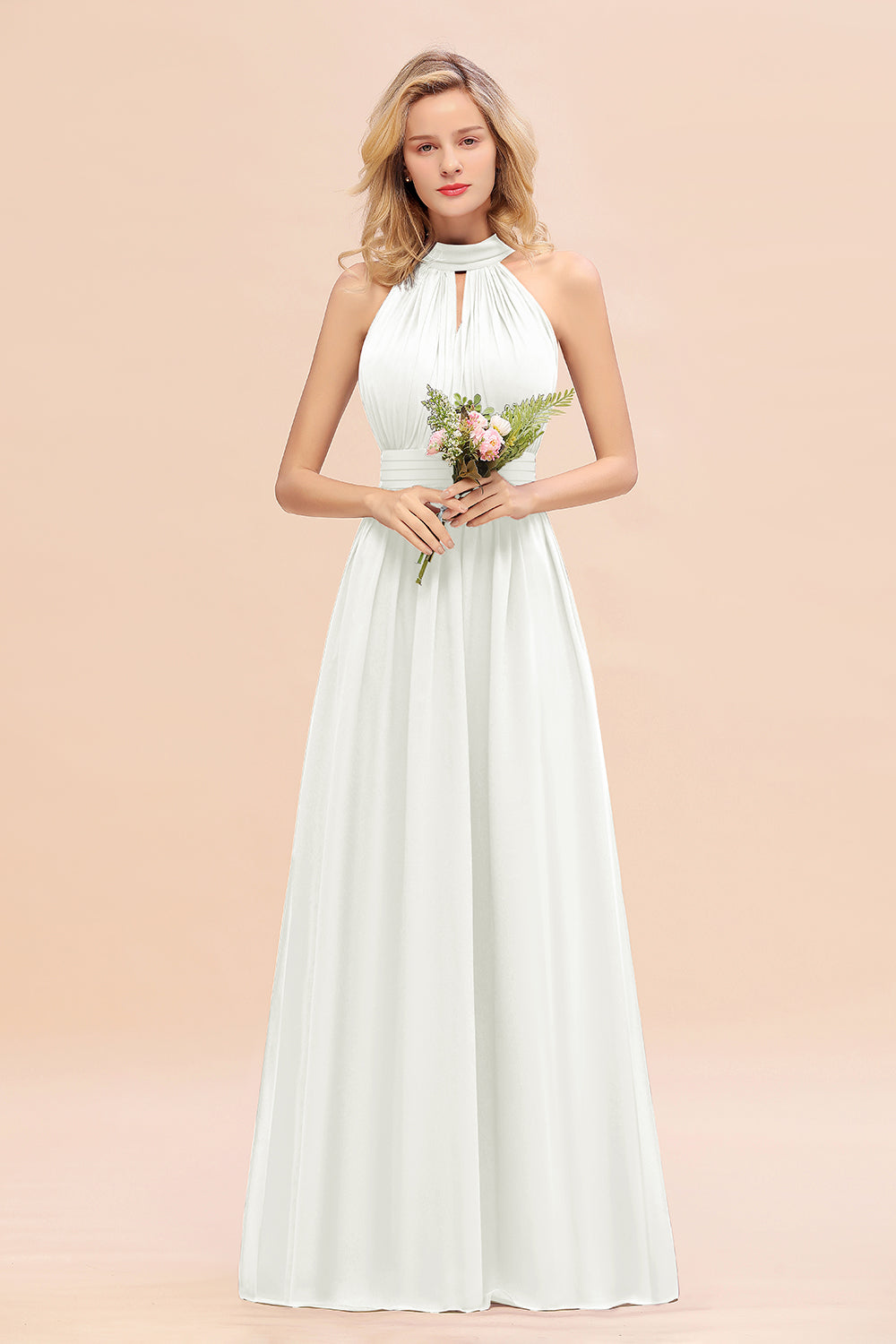 Dusty Sage Long High Neck Chiffon Bridesmaid Dresses with Ruffle