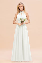 Dusty Sage Long High Neck Chiffon Bridesmaid Dresses with Ruffle