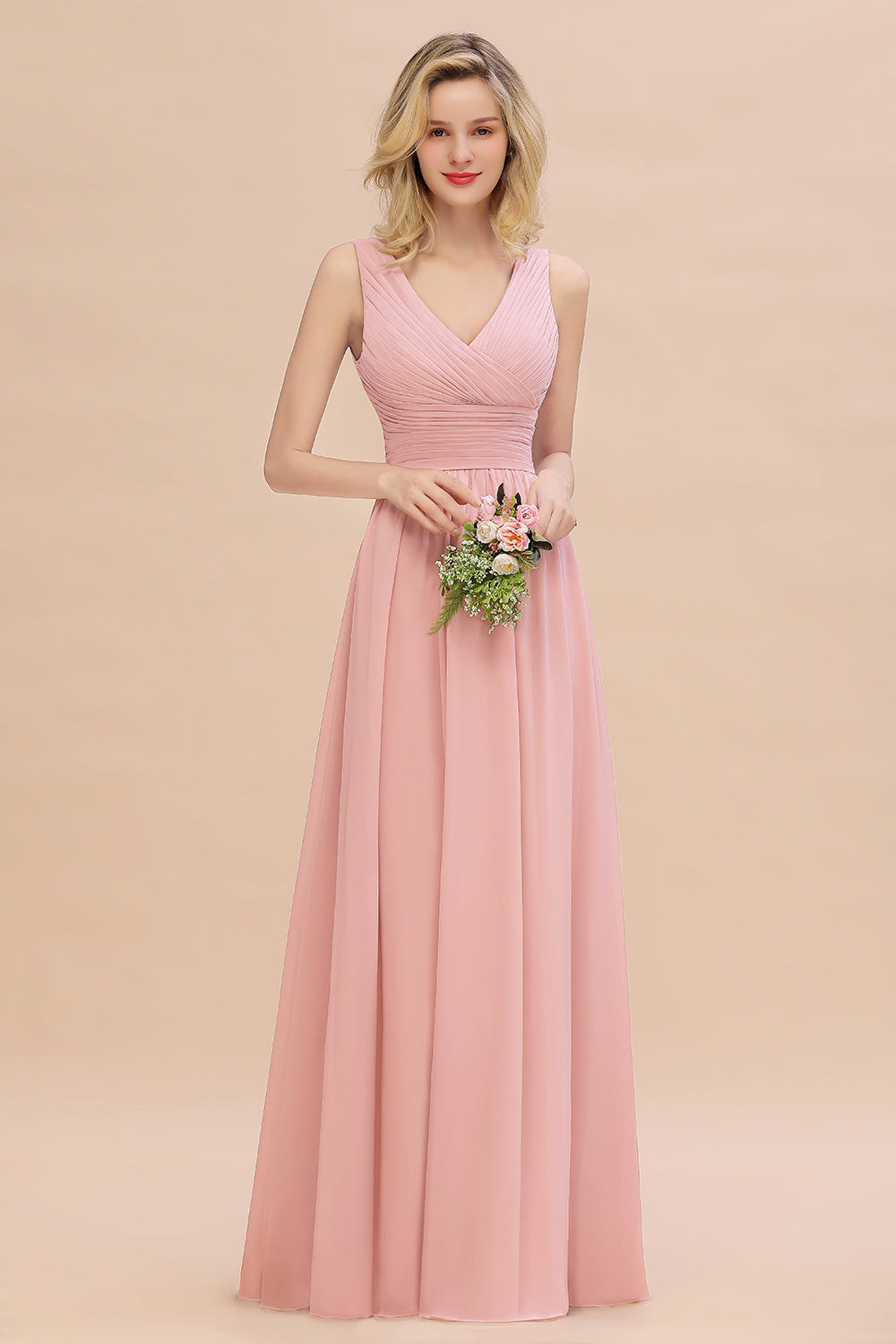 Elegant A-line V-Neck Ruffles Long Bridesmaid Dress