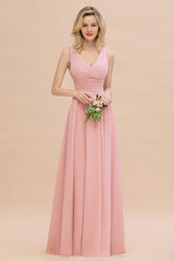 Elegant A-line V-Neck Ruffles Long Bridesmaid Dress