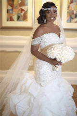 Long Mermaid Off The Shoulder Appliques Sleeveless Lace Wedding Dress