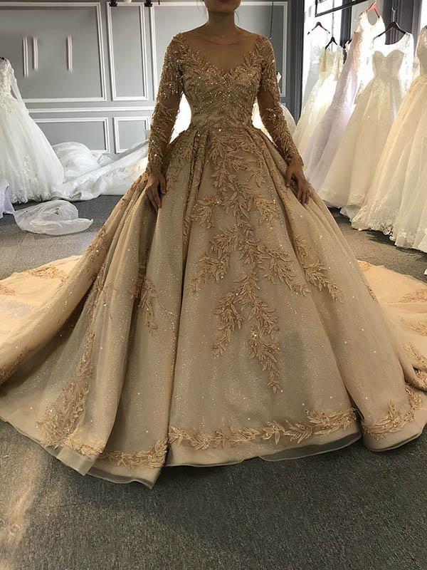 Long Sleeves Ball Gown Sweetheart Satin Lace Wedding Dresses with Long Train