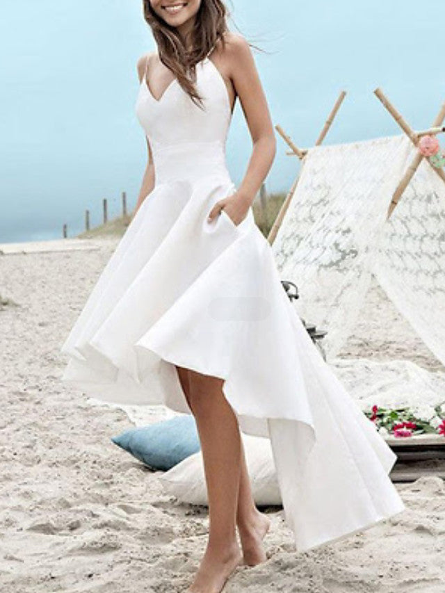 High Low A-line V-neck Satin Spaghetti Strap Asymmetrical Wedding Dresses with Pockets