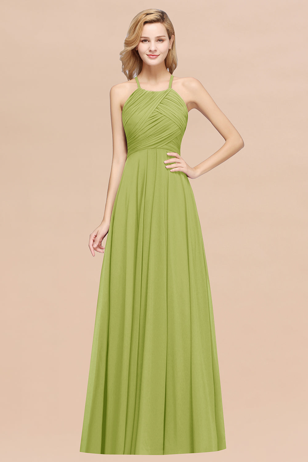 A-Line Chiffon Halter Ruffles Floor Length Bridesmaid Dress