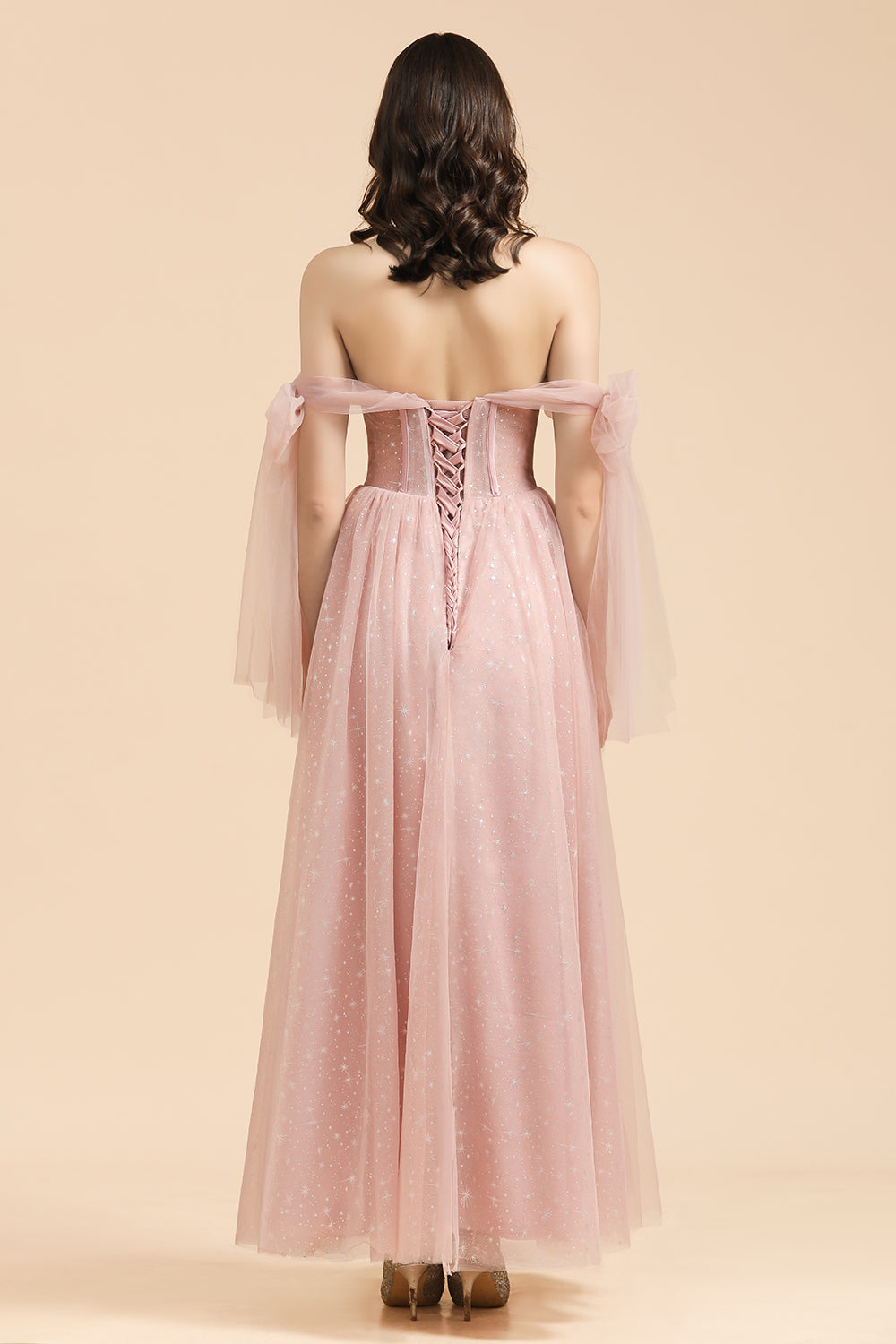 BM2007 A-line Pink Off The Shoulder Bow Tulle Floor Length Bridesmaid Dress