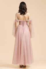 BM2007 A-line Pink Off The Shoulder Bow Tulle Floor Length Bridesmaid Dress