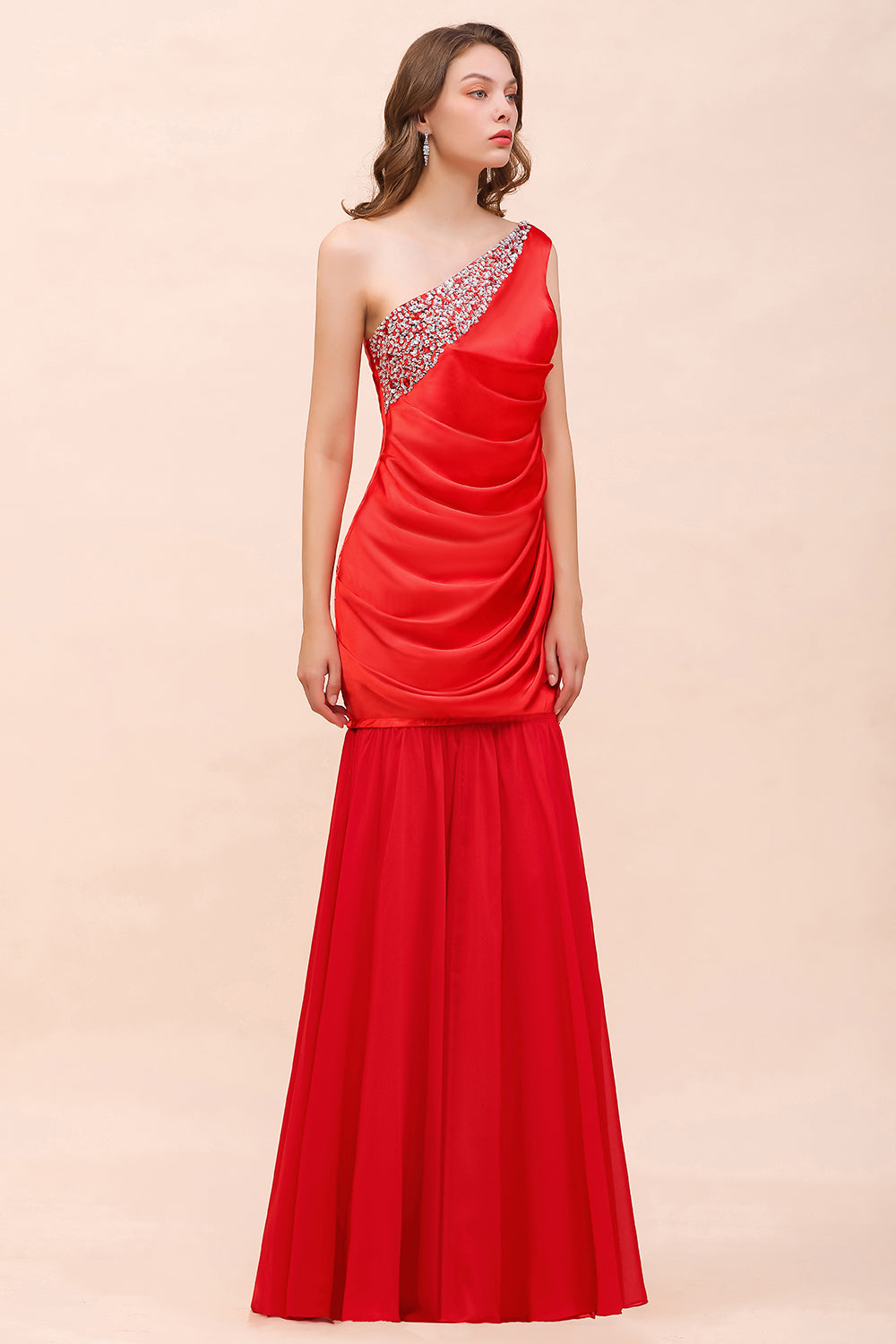 Chic Long One Shoulder Beading Ruffle Bridesmaid Dress with Detachable Skirt