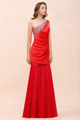 Chic Long One Shoulder Beading Ruffle Bridesmaid Dress with Detachable Skirt