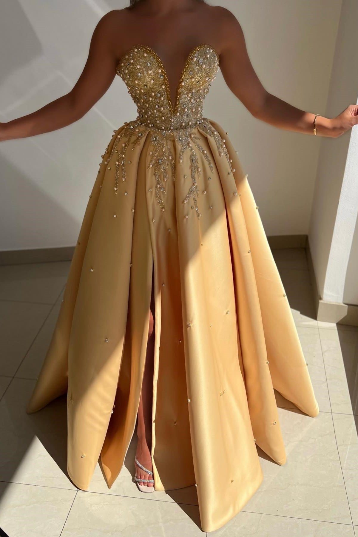 Long A-Line Satin Beaded Sweetheart Formal Evening Dress with Slit