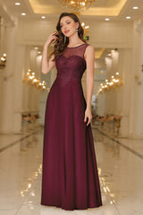 Elegant Long Scoop Neck Sleeveless Lace Appliques Chiffon Evening Dress