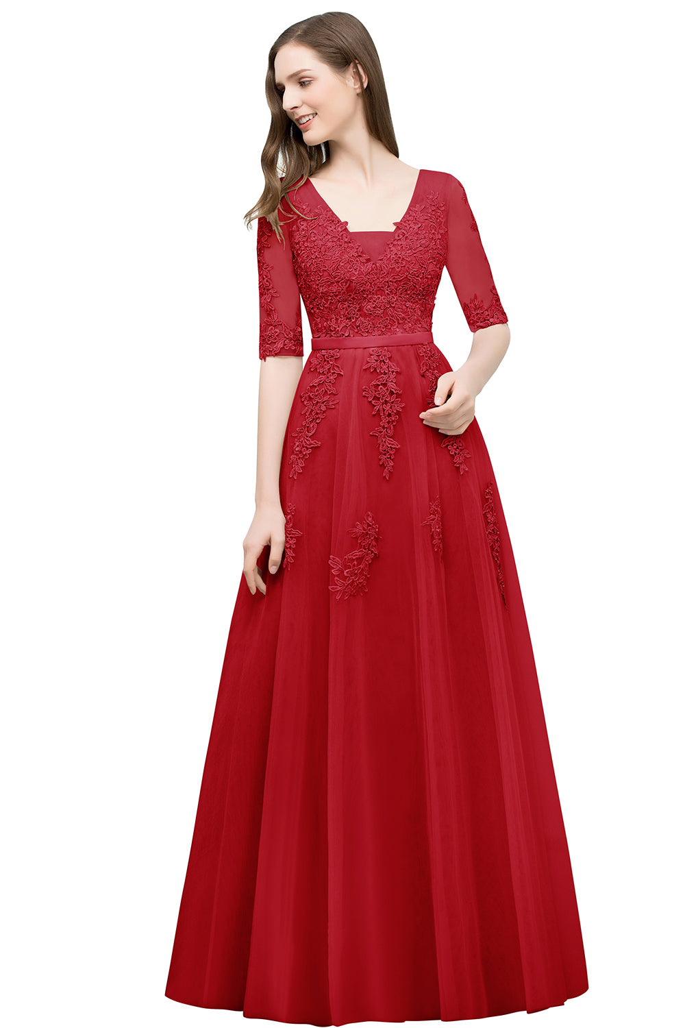 Long V-neck Tulle Lace A-line Evening Dress with Sleeves