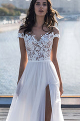 Long Chiffon Front Slit Appliques Lace Tulle A-line Wedding Dress