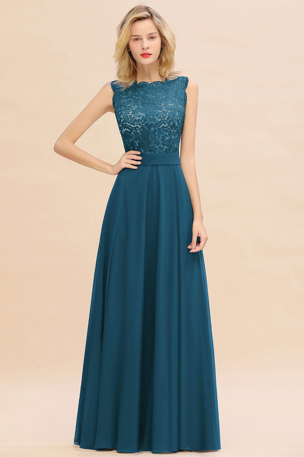 Long A-line Chiffon Lace Sleeveless Bridesmaid Dresses
