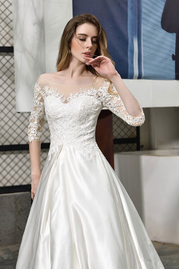 Elegant Long Lace-up A-Line Applique Satin Wedding Dress