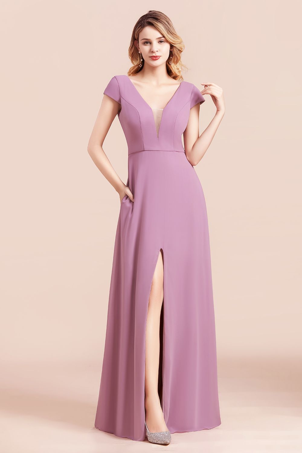 Stylish V-neck Backless A-Line Short Sleeves Chiffon Bridesmaid Dress Wth Side Slit Pockets