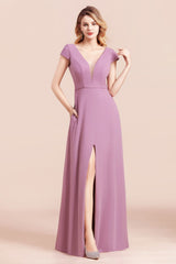 Stylish V-neck Backless A-Line Short Sleeves Chiffon Bridesmaid Dress Wth Side Slit Pockets