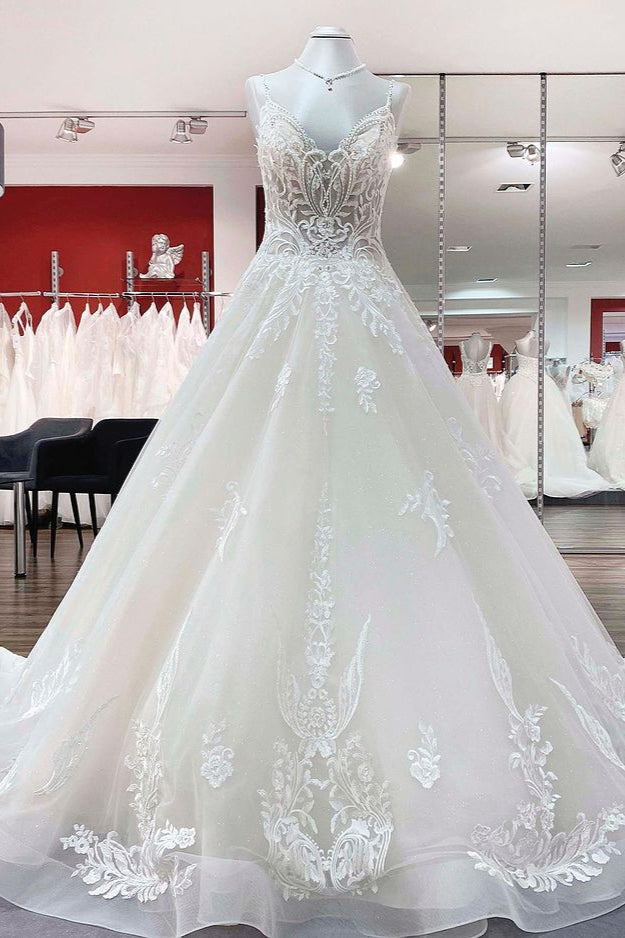 Long A-line V-neck Spaghetti Straps Tulle Wedding Dress with Lace Ruffles