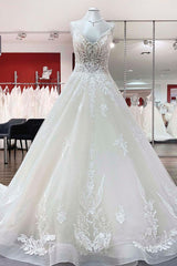 Long A-line V-neck Spaghetti Straps Tulle Wedding Dress with Lace Ruffles