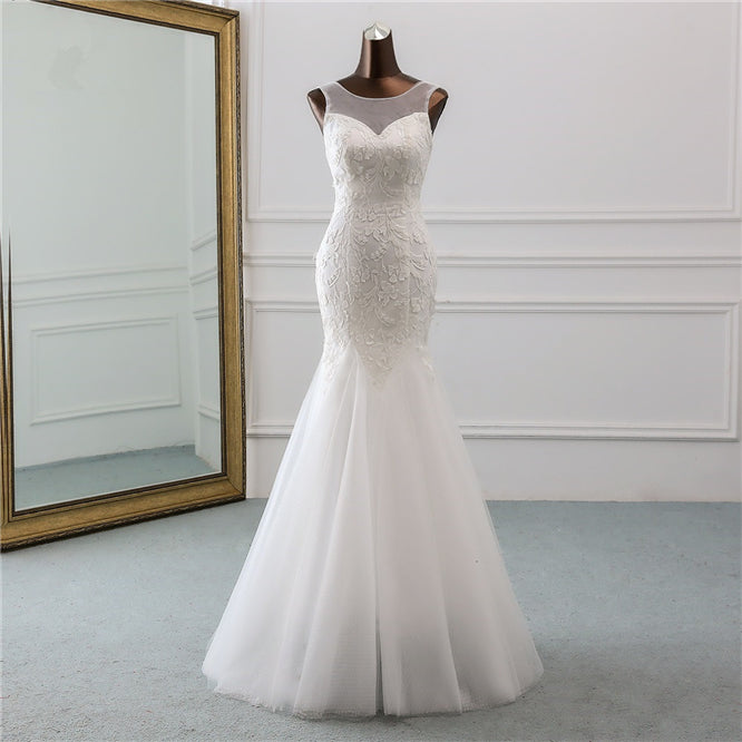 Elegant Long Mermaid Jewel Tulle Backless Wedding Dress with Lace