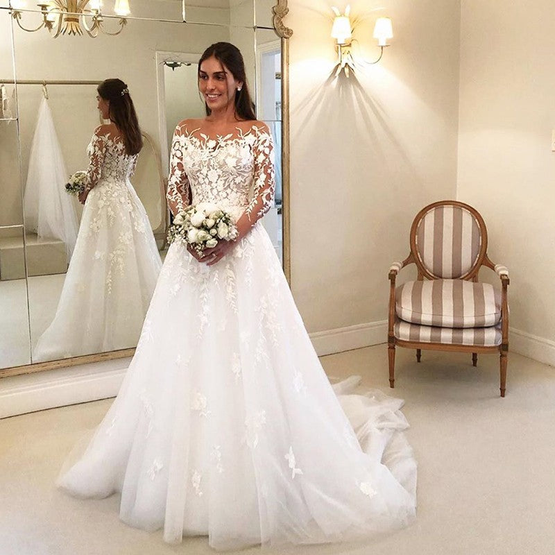 Long A Line Tulle Floral Lace Appliques Wedding Dresses With Sleeves
