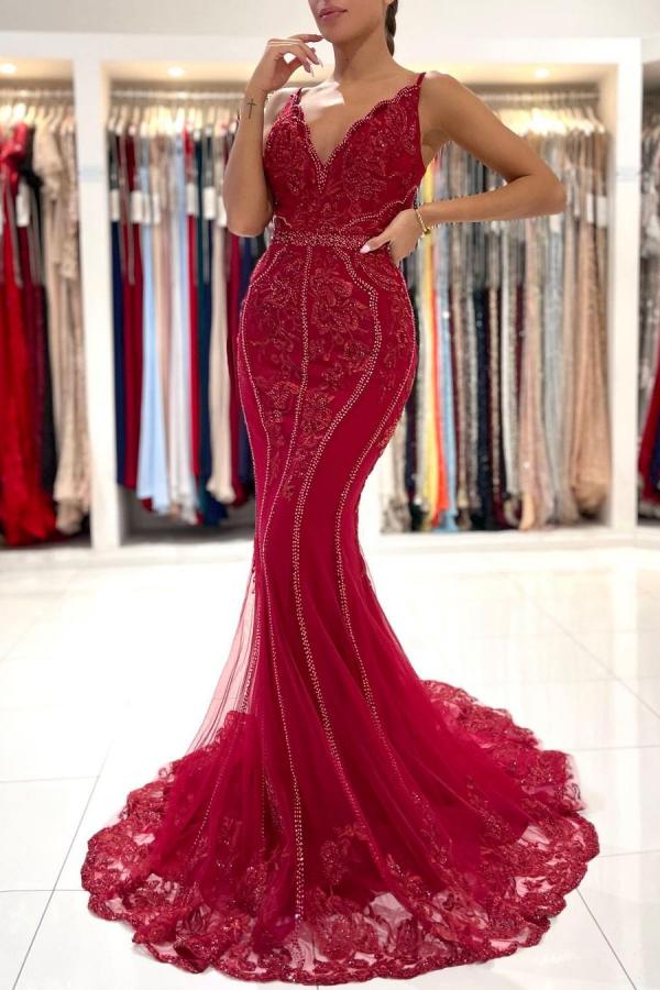 Long Mermaid V-neck Tulle Lace Open Back Prom Dress