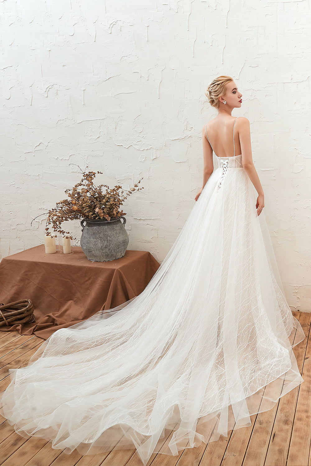Classy A-Line Long V-neck Floor Length Lace Tulle Open Back Wedding Dress