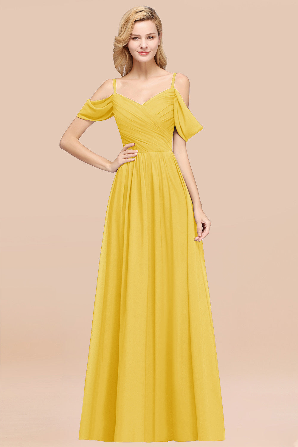 A-Line Chiffon V-Neck Spaghetti Straps Short Sleeves Floor Length Bridesmaid Dresses with Ruffles