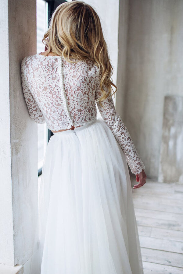 Long A-line Lace Chiffon Two Piece Wedding Dress with Sleeves