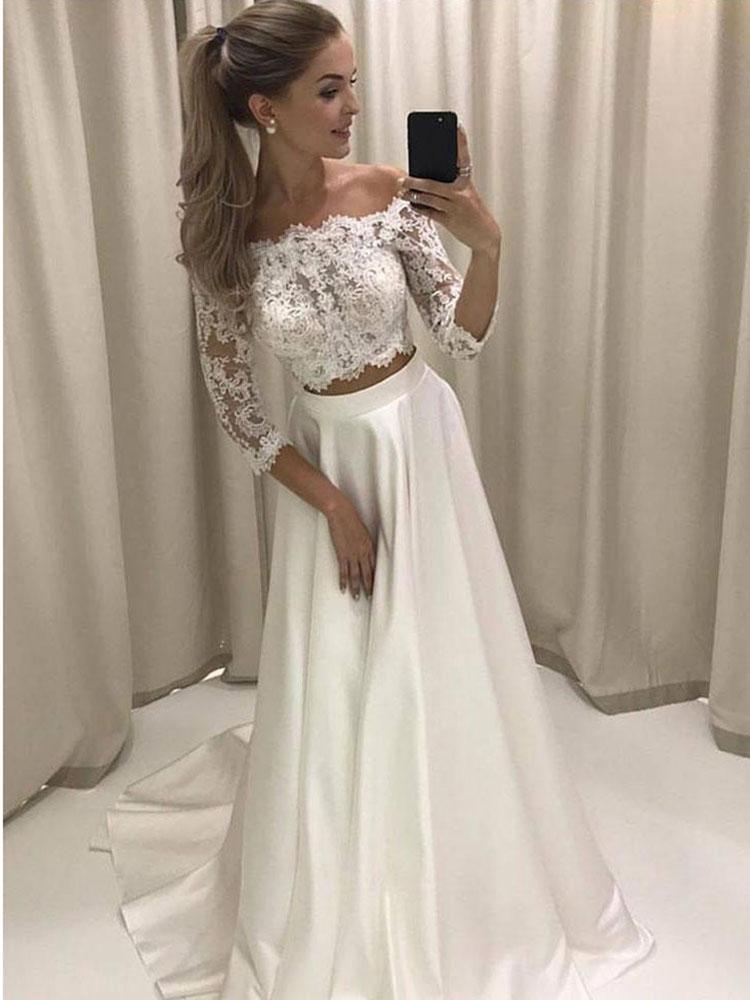 Long A-line Two Pieces Off the Shoulder Lace Boho Wedding Dresses with Sleeves