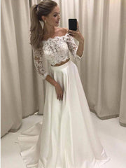 Long A-line Two Pieces Off the Shoulder Lace Boho Wedding Dresses with Sleeves