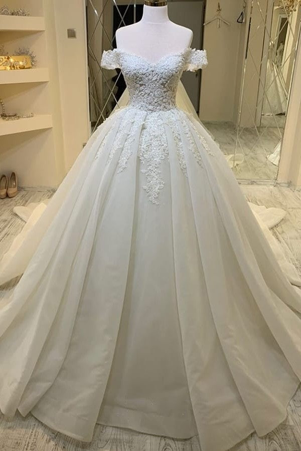 Elegant Long A-Line Sweetheart Off the Shoulder Appliques Lace Ruffles Wedding Dress