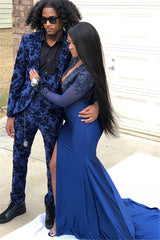 Long V-neck Appliques Lace Mermaid Prom Dress with Sleeves