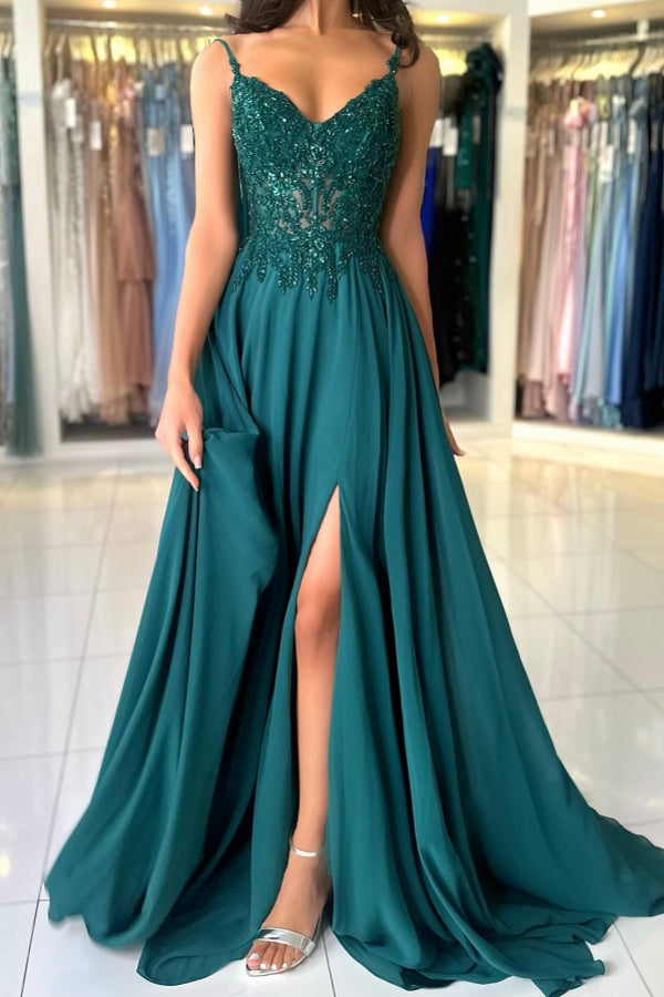 Elegant Long A-line Spaghetti Straps V-neck Chiffon Prom Dress with Silt