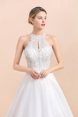 Long A-line Halter Tulle Lace Appliques Sleeveless Wedding Dresses
