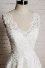 Chic Long V-neck Appliques Lace Tulle A-line Wedding Dress