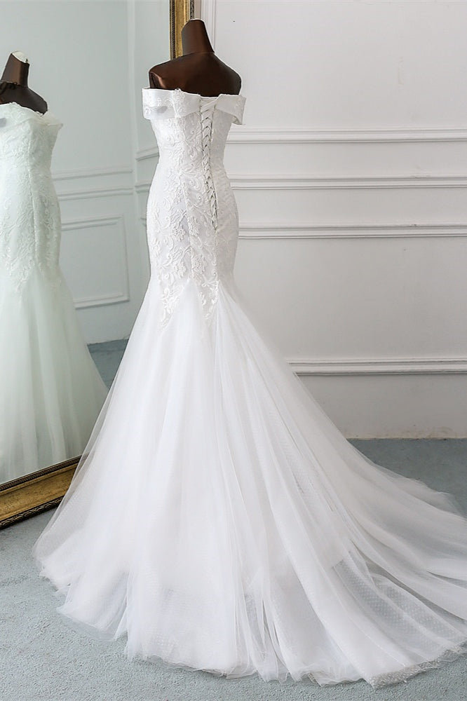 Long Mermaid Tulle Lace Off the Shoulder Lace-up Wedding Dress