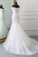 Long Mermaid Tulle Lace Off the Shoulder Lace-up Wedding Dress