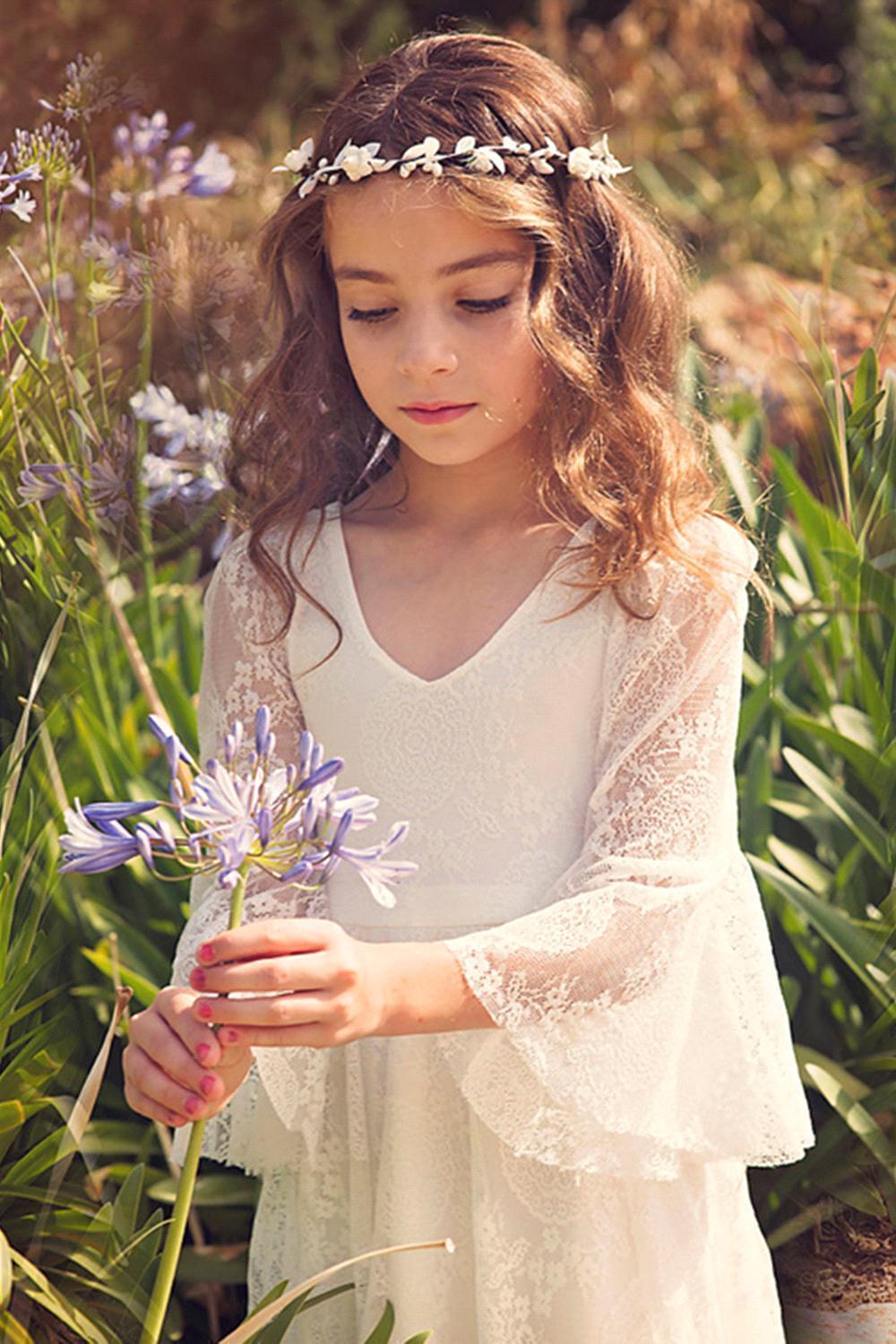 Long A-line Appliques Lace V-neck Floor Length Flower Girl Dress with Sleeves