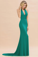 Elegant Long Mermaid Halter Pool V-neck Bridesmaid Dress